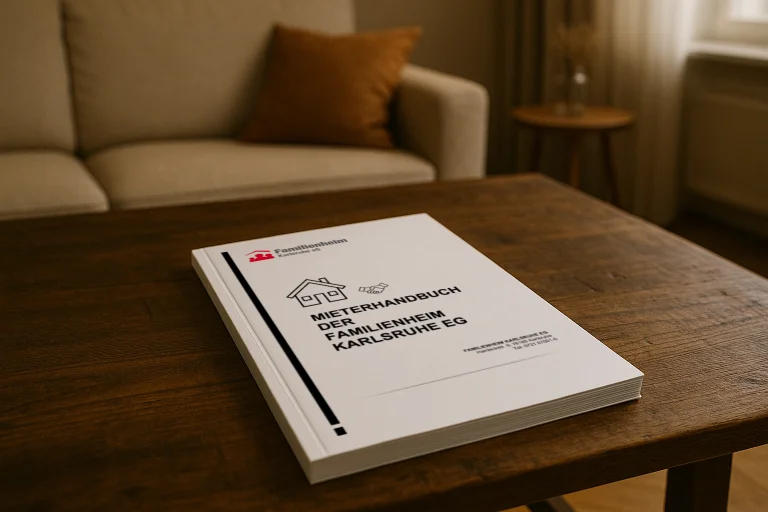 Mieterhandbuch der Familienheim Karlsruhe eG liegt auf einem Holztisch im Wohnzimmer.